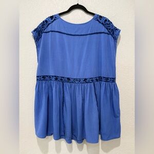 Free People - Blue Embroidered Cap-Sleeve Women's Top